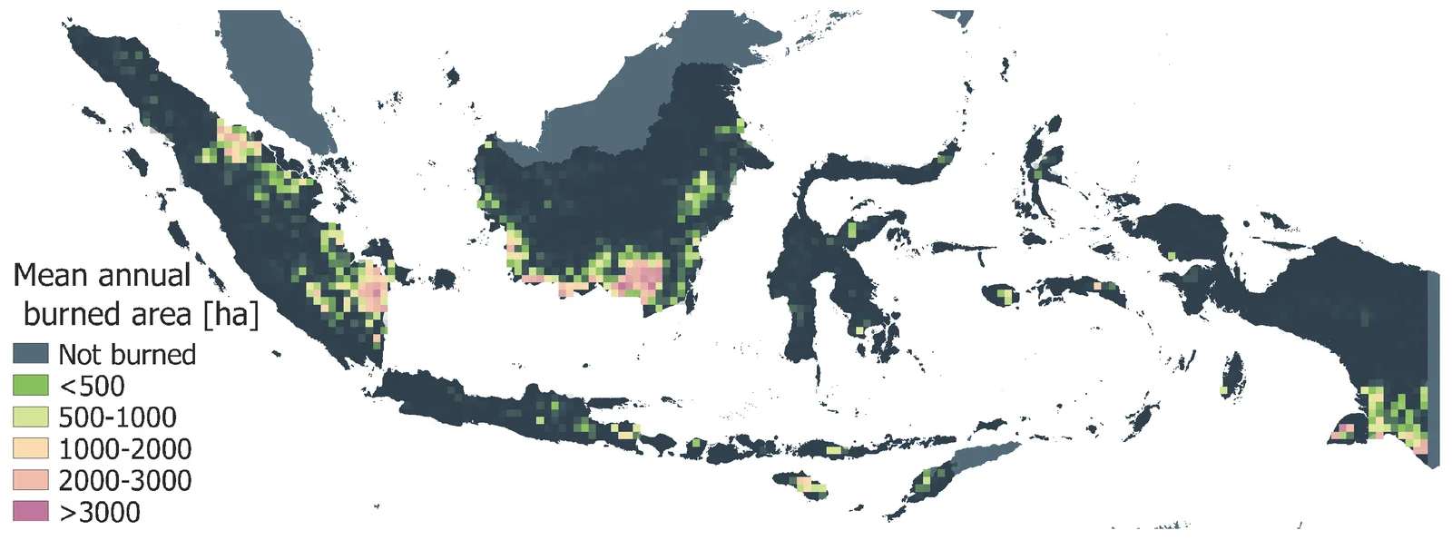 Map of Indonesia showing mean annual burned area