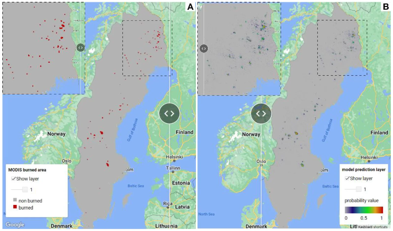 Maps of Sweden comparing MODIS burned area with FLAM model fire probability